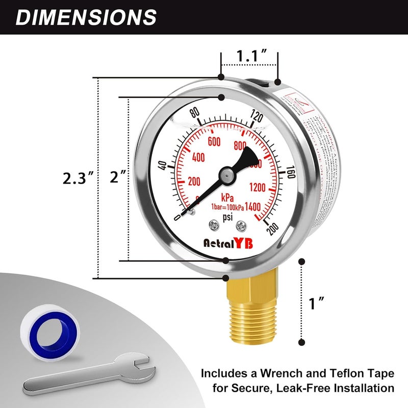 AetralYB 0-200 Psi 2-Inch Waterproof Pressure Gauge, Liquid-Filled, 1/4" NPT Lower Mount, Stainless Steel, Pressure Gauge for Water Pumps, Oil Systems, Pneumatic Air, and Pool Sand Filters - Image 3
